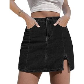 KINGFEN Women's Casual Denim Mini Skirt Hem Split High Waist Jean Skirt Short Dress Summer