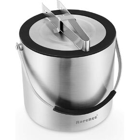 Rorence 3L Stainless Steel Ice Bucket with Airtight Lid, Strainer and Ice Tongs, Double Walled Insulated Ice Bucket Keeps Ice Frozen Longer for Cocktails & Parties