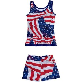 PattyCandy Girls I Love USA Patriotic American Stars Flags Kids Bikini Boyleg Swimsuit Bathing Suit, Size: 2-16