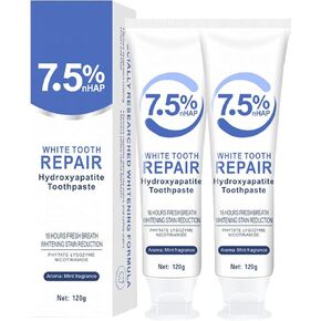 2pcs 7.5% Hydroxyapatite Toothpastes for Enamel Protection and Tooth Strengthening, 7.5% Nano Hydroxyapatite Toothpaste White Tooth Repair, Fluoride-Free, Gentle Mint, Fresh Breath