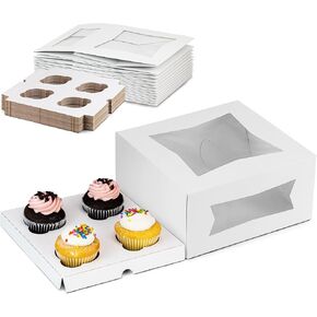 Fit Meal Prep [18 Sets Cupcake Boxes with Window and Inserts 8x8x4 White Cake Containers for Dessert, Cookies, and Pastry Gift Treat Box for Packaging Auto-Popup Cake Carrier for Christmas