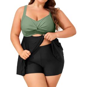 HEYTALALA Women Plus Size Tankini Swimsuits Two Piece Tummy Control Bathing Suits Flowy Swim Dress with Shorts