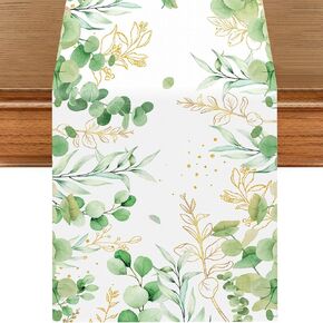 Green Eucalyptus Leaves Table Runner, Seasonal Linen Table Decor Farmhouse Decor Floral Leaves Spring Table Runner for Kitchen Dining, Weddings Holiday Decor, Home Party Decoration, 13×70inches