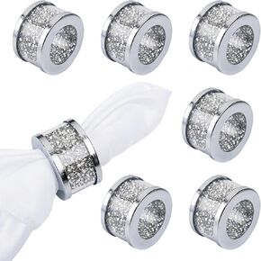 Framendino, 6 Pack Silver Napkin Rings Shining Sparkle Bling Crushed Diamond Table Decor for Party Wedding