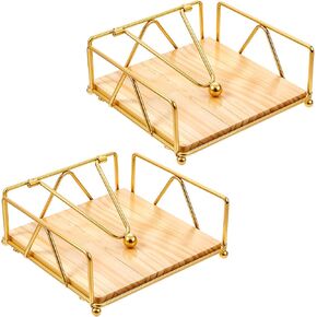 2 Pcs Metal Gold Napkin Holder for Table with Weight Arm - Flat Paper Napkins Holders for Kitchen Table with Wood Base, Farmhouse Paper Holder Dispenser for Cocktail, Bathroom, Party, Room Decor