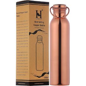 HealthGoodsIn Pure Copper Water Bottle with Carrying Handle Seamless Leakproof Ayurvedic Water Bottle 1000 ML