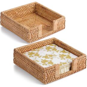2 Pack Rattan Napkin Holder for Table Square Napkin Holders 7.5" x 2.5" Wicker Napkin Tray Woven Guest Towel Holder Hand Woven Basket for Kitchen Bathroom Restaurant Cafe Wedding Decor & Gift