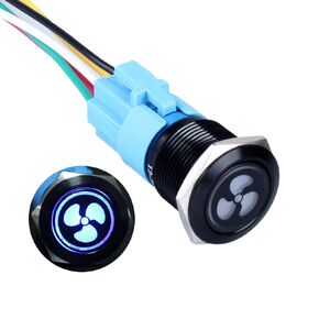 1pc 19mm Metal Latching Push Button Switch Fan Symbol 3/4" Mounting Hole 12V-24V Black 1NO 1NC SPDT with Pre-Wired Socket for Car Truck Boat Modification Blue LED