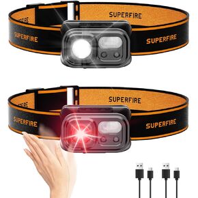 SuperFire Rechargeable Headlamp 2PCS ，Lightweight Head Lamp with Motion Sensor,LED Headlamp Rechargeable,Head Flashlight for Running Fishing Hiking Camping, Outdoor
