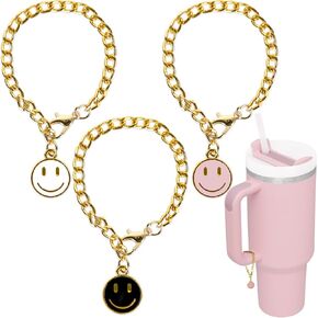 3Pcs Smile Face Water Bottle Charm Black White Pink Round Shape Charm Happy Face Charm Accessories for 30 & 40 OZ Tumbler with Handle