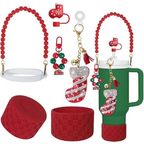 Christmas Stanley Cup Accessories Set Including 1pcs 0.4in Straw Covers, 1 Water Bottle Handle Strap, 2 Cute Christmas Charms and 1 Silicone Boot for Stanley 40oz & 30oz, Red