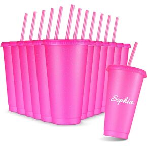 Amyhill 12 Pcs Reusable Glitter Cups with Lids and Straws 24 oz Valentines Plastic Tumbler Iced Coffee Cup Travel Mug for Smoothie Juice Birthday Sleepover Party Supplies for Girls(Hot Pink)