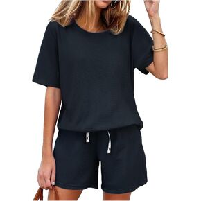 Women's 2 Piece Outfits Lounge Sets Casual Short Sleeve Shirts Shorts Cozy Pajamas Tracksuit Waffle Outfits