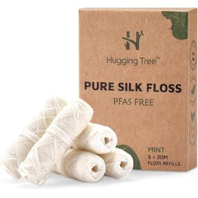 Natural Silk Dental Floss PFAS Free Refills | Zero Waste Biodegradable | Mint (5 Pack, 33 Yards Each)