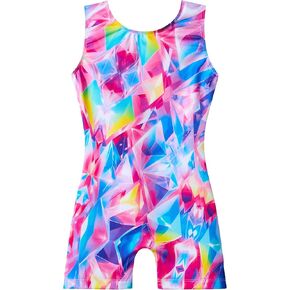 Gymnastics Leotards for Girls 8-9 Years Old Pink Purple Rhombus Sleeveless Biketards with Shorts