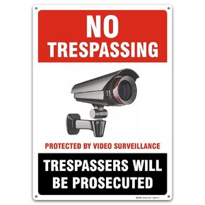 Brimar - 7"x10" No Trespassing Protected by Video Surveillance Sign - Weatherproof Rust Free Aluminum- Easy Installation - 24/7 Video Surveillance Warning