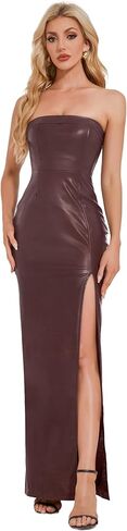 OVRUNS Leather Dress for Women Strapless Faux Leather Split Thigh Maxi Pu Dress for Party Cocktail in Kuwait