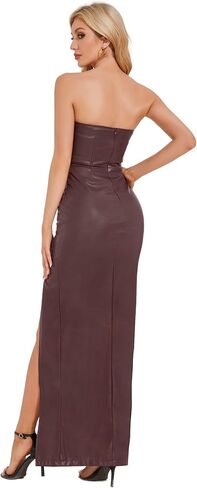 OVRUNS Leather Dress for Women Strapless Faux Leather Split Thigh Maxi Pu Dress for Party Cocktail in Kuwait