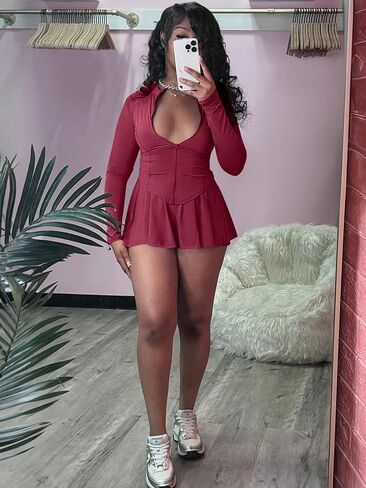 acelyn 2 Piece Tennis Skirt Sets for Women Athletic Golf Workout Outfits Casual Long Sleeve Zipper Crop Top Pleated Mini Dress Sports Yoga Activewear in Kuwait