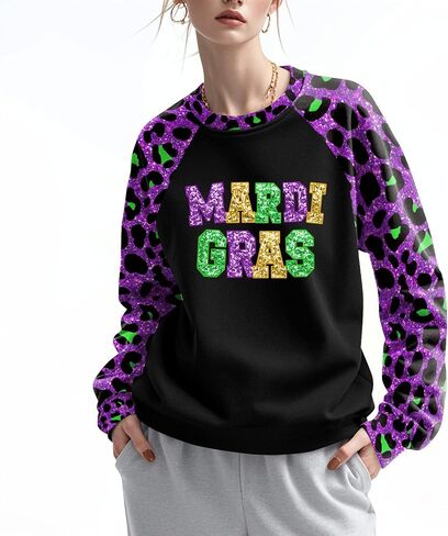 Mardi Gras Outfit for Women Leopard Splicing Fashion Mardi Gras Sweatshirts Party Long Sleeve in Saudi Arabia