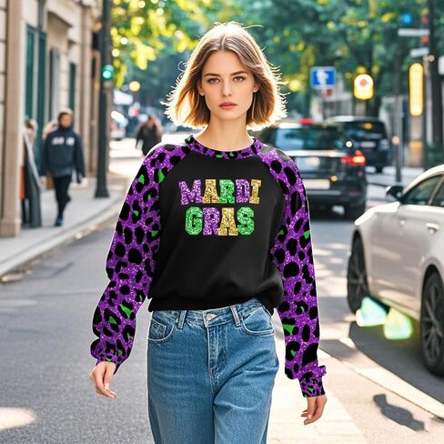 Mardi Gras Outfit for Women Leopard Splicing Fashion Mardi Gras Sweatshirts Party Long Sleeve in Saudi Arabia