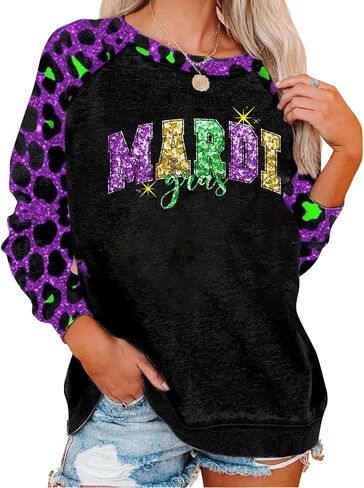 Mardi Gras Outfit for Women Leopard Splicing Fashion Mardi Gras Sweatshirts Party Long Sleeve in Saudi Arabia