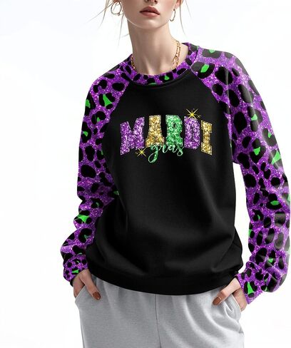 Mardi Gras Outfit for Women Leopard Splicing Fashion Mardi Gras Sweatshirts Party Long Sleeve in Saudi Arabia