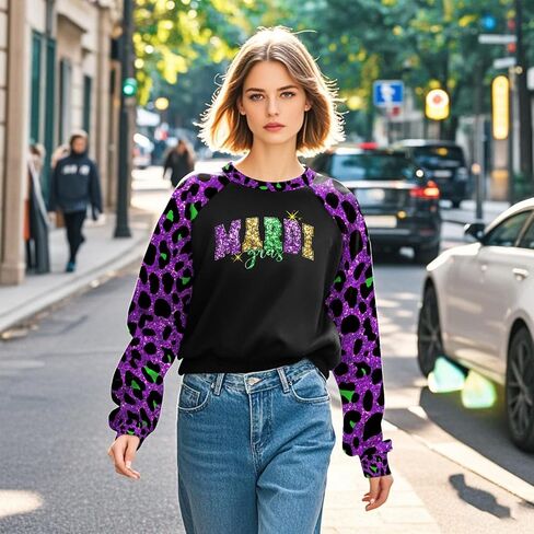 Mardi Gras Outfit for Women Leopard Splicing Fashion Mardi Gras Sweatshirts Party Long Sleeve in Saudi Arabia