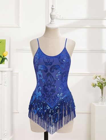 Shiny Sequin Fringe Bodysuit for Women Tassel Latin Jazz Dance Leotard Bodysuit Trapeze Lyrical Dance Bodysuit in Saudi Arabia