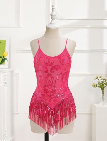 Shiny Sequin Fringe Bodysuit for Women Tassel Latin Jazz Dance Leotard Bodysuit Trapeze Lyrical Dance Bodysuit in Saudi Arabia