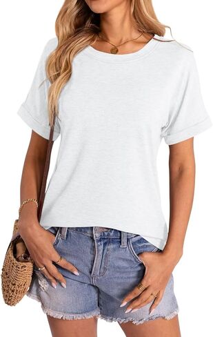 Women's T-Shirts Rolled Short Sleeve Shirts Crewneck Summer Tops Solid Loose Casual Tees Shirts in Kuwait