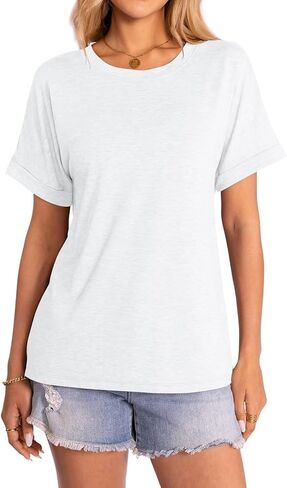 Women's T-Shirts Rolled Short Sleeve Shirts Crewneck Summer Tops Solid Loose Casual Tees Shirts in Kuwait