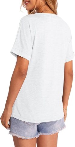 Women's T-Shirts Rolled Short Sleeve Shirts Crewneck Summer Tops Solid Loose Casual Tees Shirts in Kuwait