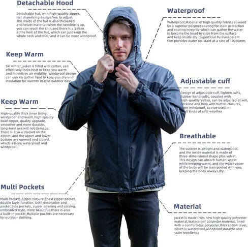 VICALLED Men's Outdoor Mountain Ski Jacket Snow Waterproof Fleece Windproof Skiing Rain Jackets Winter Hooded Coat in Saudi Arabia