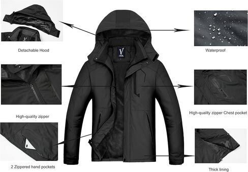 VICALLED Men's Outdoor Mountain Ski Jacket Snow Waterproof Fleece Windproof Skiing Rain Jackets Winter Hooded Coat in Saudi Arabia