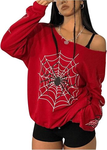 Wdirara Women's SpiderWeb Graphic قبالة قميص من النوع الثقيل ذو الأكمام الطويلة ذات الحجم الكبير. in Saudi Arabia