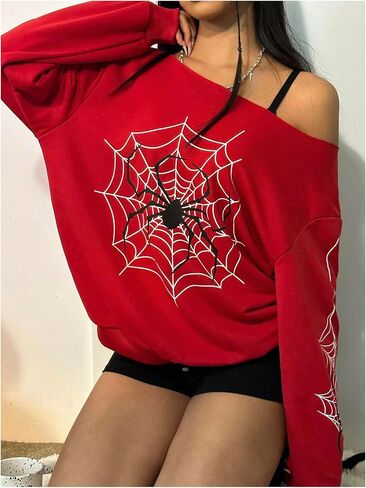 Wdirara Women's SpiderWeb Graphic قبالة قميص من النوع الثقيل ذو الأكمام الطويلة ذات الحجم الكبير. in Saudi Arabia
