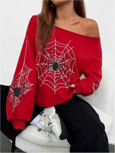 Wdirara Women's SpiderWeb Graphic قبالة قميص من النوع الثقيل ذو الأكمام الطويلة ذات الحجم الكبير. in Saudi Arabia