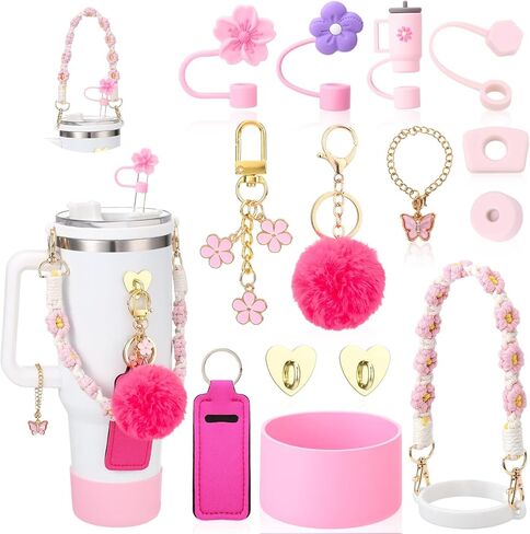 14 PCS Cup Associory for Stany ، بما في ذلك حزام مقبض زجاجة ماء ، سدادة الانسكاب ، حذاء السيليكون ، حامل Chapstick ، ​​سحر للدولة ، غطاء قش سيليكون 3 PCS لـ Stany Cup in Kuwait