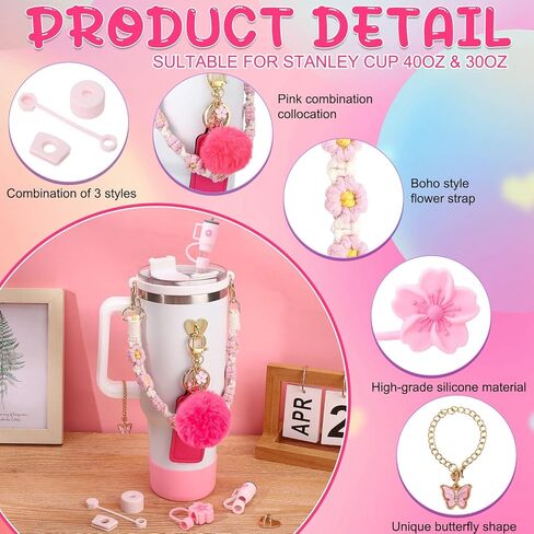 14 PCS Cup Associory for Stany ، بما في ذلك حزام مقبض زجاجة ماء ، سدادة الانسكاب ، حذاء السيليكون ، حامل Chapstick ، ​​سحر للدولة ، غطاء قش سيليكون 3 PCS لـ Stany Cup in Kuwait