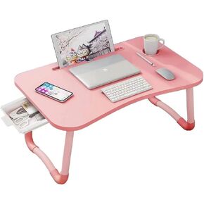 Laptop Desk Foldable Bed Table, Portable Lap Desk laptop Table with Storage Drawer and Cup Holder, Notebook Stand Reading Desk Breakfast Tray for Bed Couch Sofa Floor – Pink