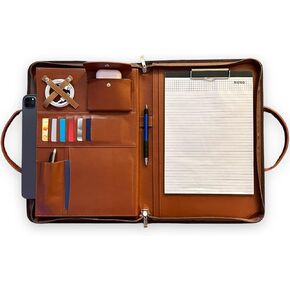 Premium Leather Portfolio with Handles - Slim Portfolio/Padfolio with Multiple Compartments for Holding Documents, iPad, Notebook, and Credit Cards - Leather File Folder for Men & Women