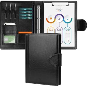 Padfolio، مجلد منظم المحفظة، محفظة مجلد الحافظة، مجلد Padfolio ذو 4 حلقات، محفظة استئناف مقابلة عمل جلدية A4، مجلد استئناف المقابلة (أسود)