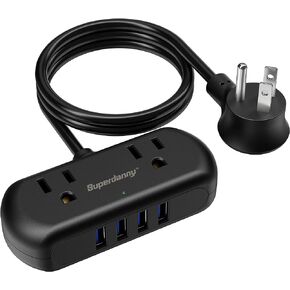 2Ft Extension Cord, SUPERDANNY Mini Surge Protector with 2 Wide-Spaced Outlets, USB Power Strip, 3 USB-A 1 USB-C, Flat Plug, Compact Size Desktop Charging Station Travel, Home, Office, Black