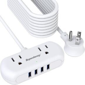 2Ft Extension Cord, SUPERDANNY Mini Surge Protector with 2 Wide-Spaced Outlets, USB Power Strip, 3 USB-A 1 USB-C, Flat Plug, Compact Size Desktop Charging Station Travel, Home, Office, Black