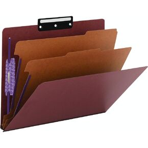 Smead Pressboard Classification Folder with SafeSHIELD Fasteners, 1/3-Cut Flat Metal Tab, 2 Dividers, 2" Exp., Letter Size, Red, 10 per Box (14230)