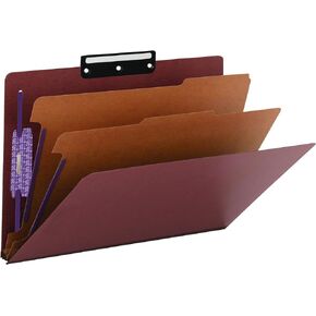 Smead Pressboard Classification Folder with SafeSHIELD Fasteners, 1/3-Cut Flat Metal Tab, 2 Dividers, 2" Exp., Letter Size, Red, 10 per Box (14230) in Kuwait