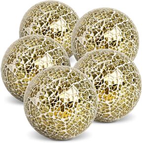 HAKACC 5PCS Decorative Glass Orbs, 3.14inch Mosaic Sphere Balls Centerpiece Balls for Bowls Vases Dining Table Home Decor Wedding Party Gold