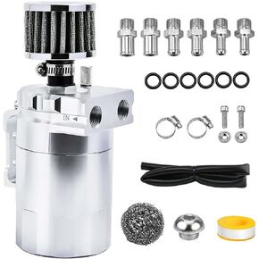 Universal Baffled Oil Catch Can 300ml Aluminum Polish Oil Separator Catch Can Kit Reservoir Tank with Breather Filter & 3/8" Fuel Line/6 Fittings/Necessary Accessories,Black