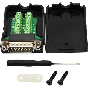 CERRXIAN DB15 Breakout Connector, DB15 D-SUB Female Solderless Serial to Screw Wiring Terminal Signal Module Breakout PCB Board with Plastic Case & Screws Long Bolt (Black) (FB)